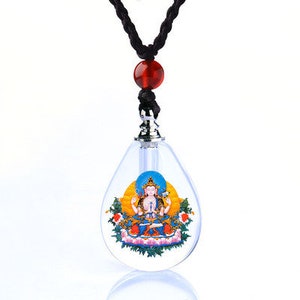 Chenrezik(Avalokiteshvara) Pendant on Cord | Blessed by Tibetan Buddhist Lama | Tear-Drop Shaped Pendant | 1 Inch in Diameter