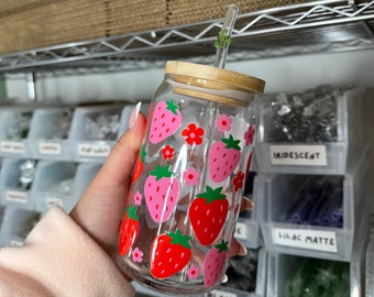 Pink and red Strawberry Beer Can Glass | Aesthetic 16oz Coffee Glass | Summer Coffee Cup | Mother's Day Gift | Mother's Day Coffee Cup