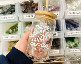 Iced coffee and anxiety Beer Can Glass | 16oz Iced Coffee Glass | Trendy Coffee Glass | Mother's Day Gift for her | Mother's Day Coffee Cup