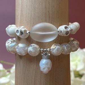 White Boho Stacking Stretch Bracelet with Skulls Tibetan Dzi Agate and Leather, Carved Pearl Skull with Sterling Silver Crown Charm