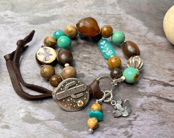 Brown Howlite Turquoise Mixed Beads Western Saguaro Cactus Sterling Silver Button Bracelet with Prickly Pear Cactus Charm and Leather Lace