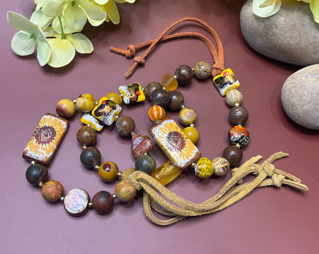 Fall Orange Stretch Bracelet, Sunflower Autumn Boho Mixed Bead Bracelet