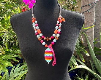 Color Pop Mixed Beads Necklace, Color Burst Boho Necklace with Leather, Sundance Style Layered Necklace, Orange Pink Blue Hippie Necklace