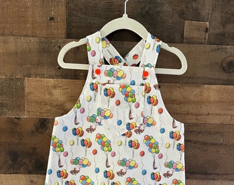 Birthday Balloons Overall Short Romper made with licensed Curious George Fabric. Toddler Overall Romper. Kid's Overall Romper