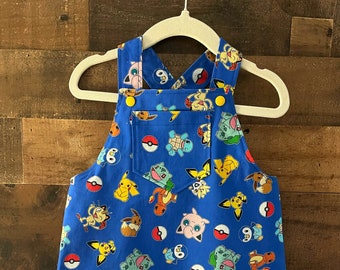 Gotta Catch Em' All Overall Short Romper made with licensed Pokemon Fabric. Toddler Overall Romper. Kid's Overall Romper