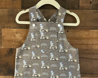 Small But Mighty Overall Short Romper made with licensed STAR WARS Fabric. Toddler Overall Romper. Kid's Overall Romper