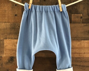 Reversible Baby Harem Pants: Soft Cotton Knit Joggers, Blue & Grey