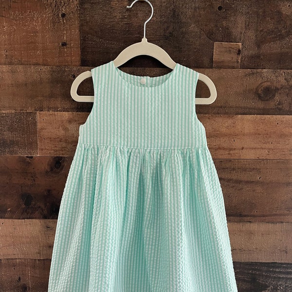 Mint and White Seersucker Summer Baby Dress. Toddler Dress. Big Girl Dress