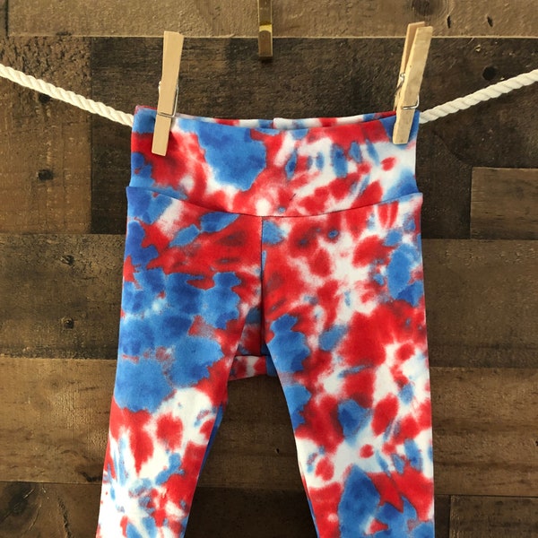 Red, White and Blue Tie Dye Yoga style baby leggings with cuff.