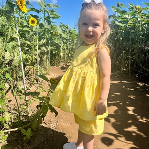 Yellow Embroidered Daisies Two Piece Short Set