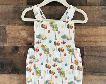 Birthday Balloons Smash Cake/Cross Back Romper made with licensed Curious George Fabric