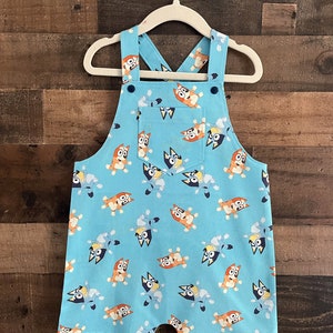 Down Under Pups, Overall Short Romper made with licensed Bluey Fabric. Toddler Overall Romper. Kid's Overall Romper