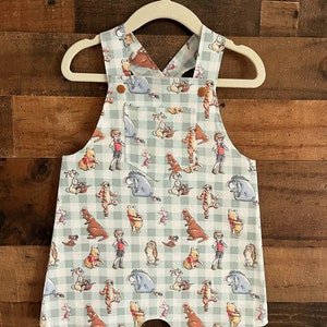 Pooh and Friends Overall Short Romper made with licensed Disney Fabric. Toddler Overall Romper. Kid's Overall Romper