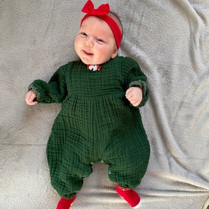 Holly Green Bubble Gauze Baby Girl Romper. Toddler Romper