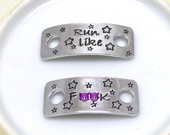 Personalised trainer tags, customised running shoe lace plates, marathon runner gift, hand stamped shoe tags, run like fuck, athletics