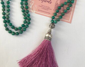 Bride Bridesmaid Pink Agate Crystal Necklace with Tibetan Beads In a Natural Macrame Pouch