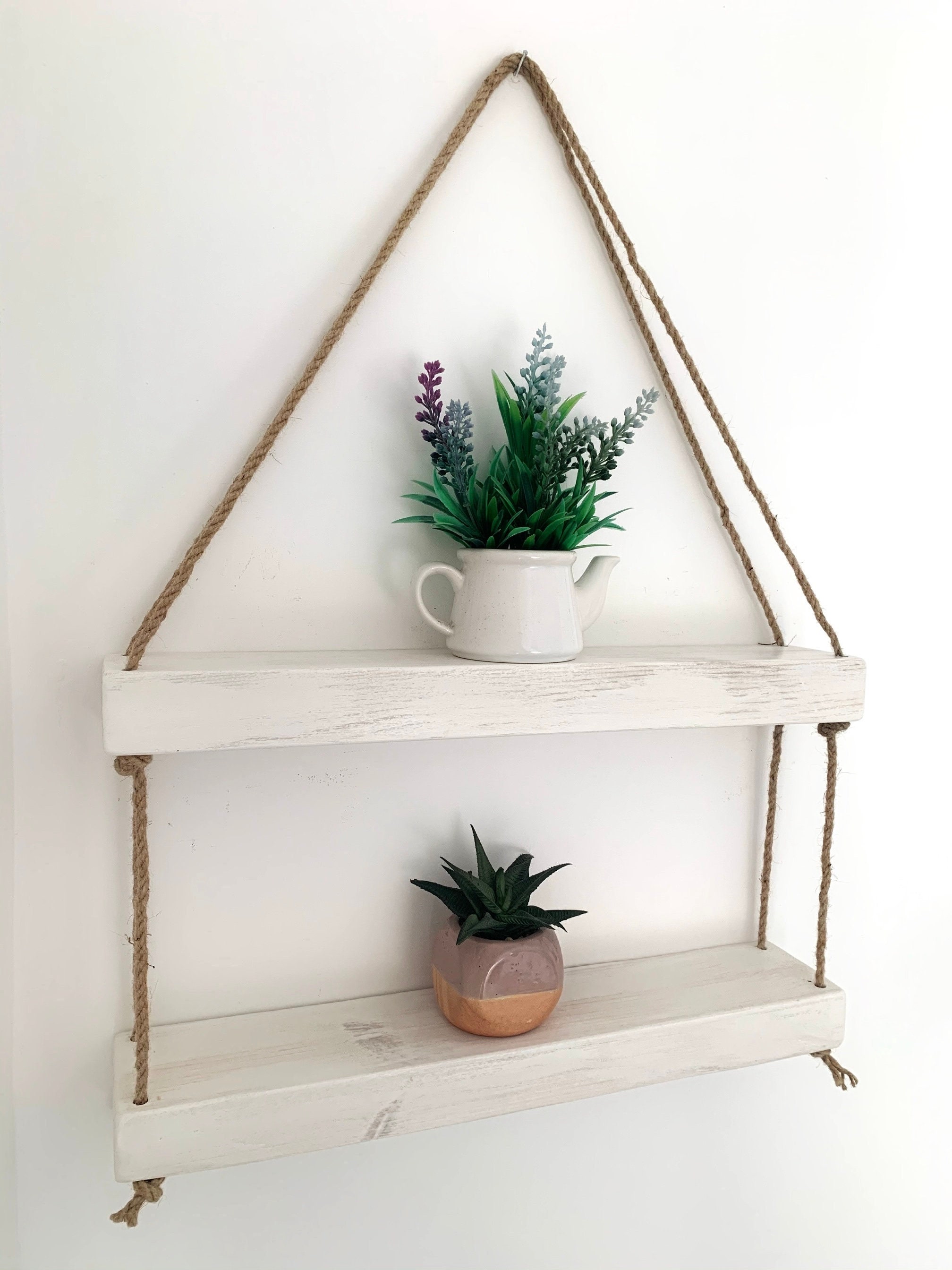 Chunky White Rustic Hanging Shelves 2 Tier White Floating Etsy UK
