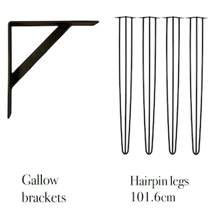 May include: Black metal shelf brackets and four black hairpin legs, 40 inches long.  Gallow brackets and Hairpin legs 101.6cm