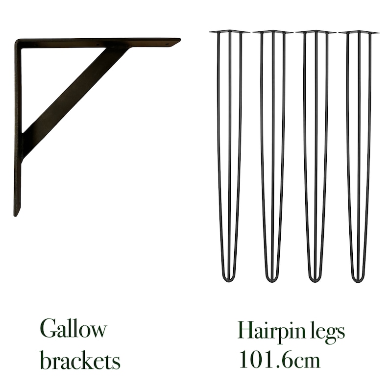 May include: Black metal shelf brackets and four black hairpin legs, 40 inches long.  Gallow brackets and Hairpin legs 101.6cm