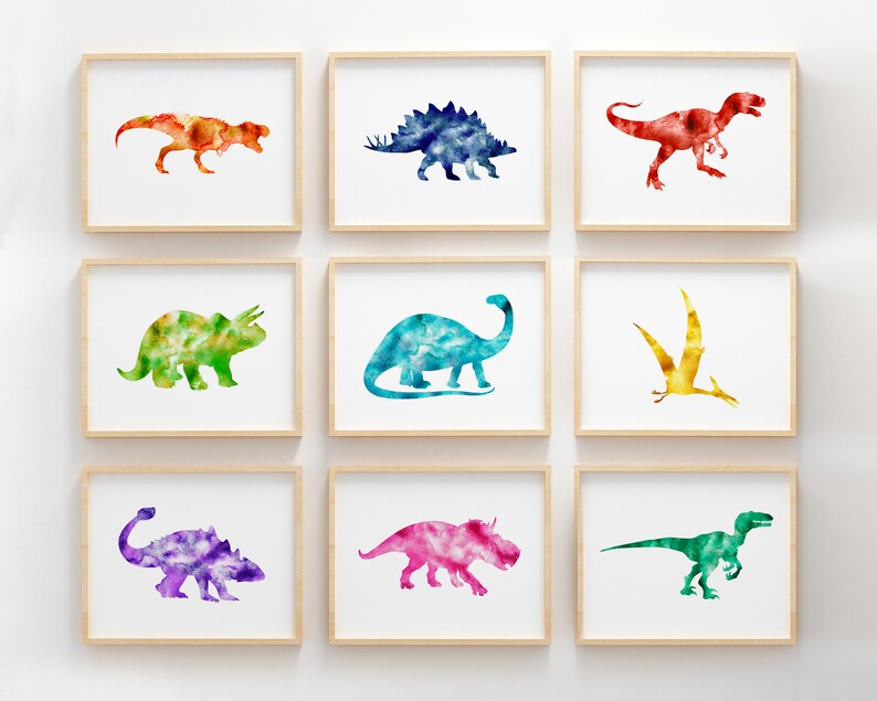 Dinosaur wall art set of 9 prints kids room decor watercolor dinosaur poster printable art dinosaur wall decor dinosaur nursery decor