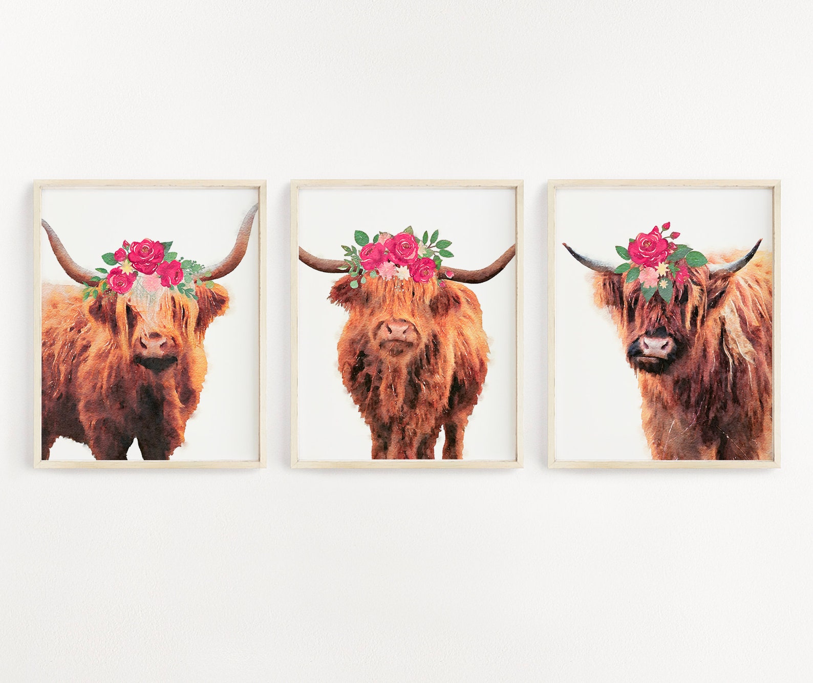 Highland Cow Wall Art Set of 3 Prints Boho Nursery Wall Art Etsy