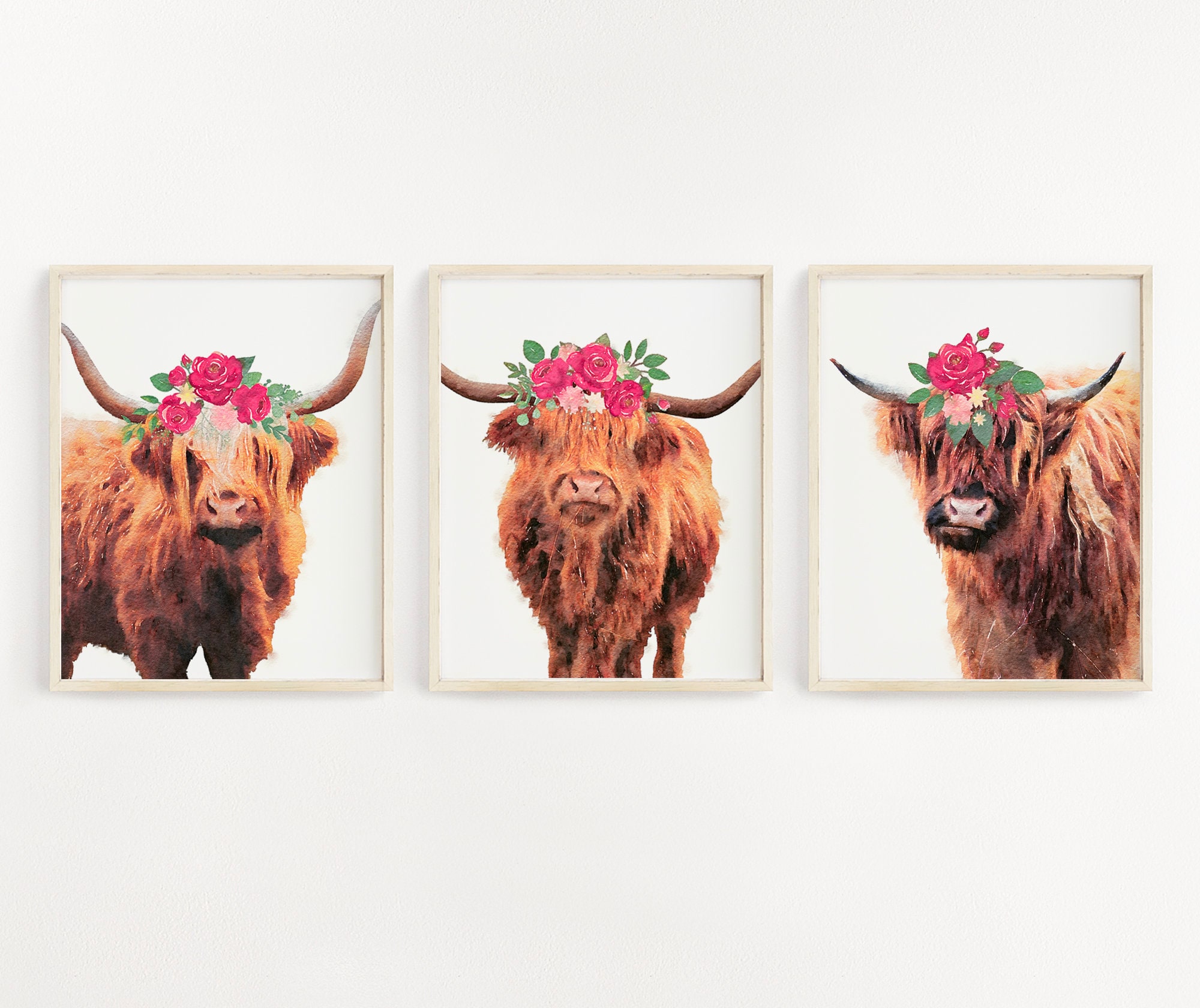 Highland cow wall art set of 3 prints boho nursery wall art Etsy