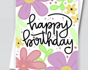 Floral Birthday Card for Friend, Pretty Birthday Card for Her, Birthday Gift for Mom, Blank Inside Greeting Card for Birthday, Spring Gift