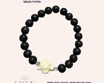 Turtle Tide Black White Lava Stone Beaded Stretch Bracelet Men’s Women’s Jewelry
