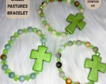 Green Pastures Cross Amazonite Gemstone Handmade Beaded Bracelet