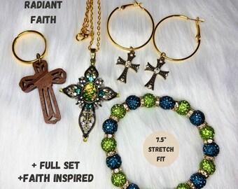 Handcrafted Christian Jewelry Set, Cross Necklace, Hoop Earrings, Bracelet, Keychain