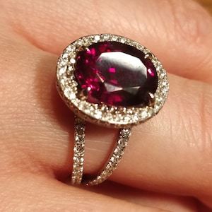 4.52 Oval Rhodolite Garnet Ring | Halo Diamonds Red Garnet Engagement Ring in 18 Karat White Gold | January Birthstone Ring