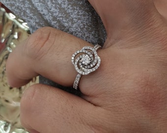 flower engagement ring white gold, gold engagement ring with diamond, special unique engagement ring,