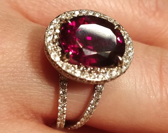 4.52 Oval Rhodolite Garnet Ring | Halo Diamonds Red Garnet Engagement Ring in 18 Karat White Gold | January Birthstone Ring