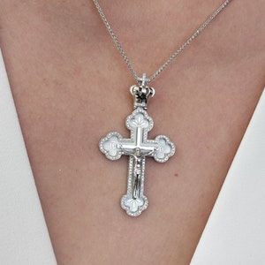 Reversible Russian Orthodox Cross Pendant Necklace for Women, 18 Karat Gold Crucifix Necklace, 0.62 CT Diamonds, Christian Religion Jewelry