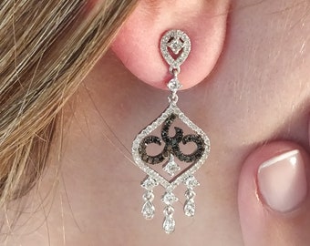 1.55 Ct Chandelier earrings set with black and white real diamonds in solid 18k white gold, Unique Alhambra Oriental diamond jewelry