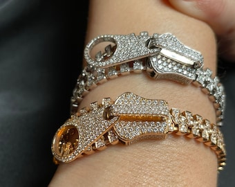 Gift for women who has everything, Statement real diamond Tennis Bracelet, Luxury zipper Diamonds Bracelet, 18K Yellow Gold 5 Carat