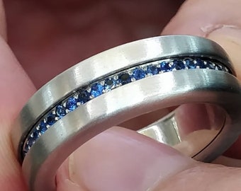 0.75 carat Blue Sapphires and 0.90ct diamond spinner wedding band for Man and women unisex engagement band - Birthday gift for man