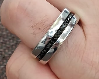 1.40ctw Oro Blanco Sólido Mujeres Spinner anillo de ansiedad Eternity Wedding Band Anillo de diamantes negros, su su banda de bodas de diamantes hecha a mano