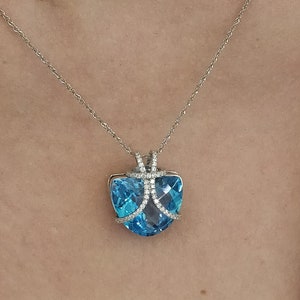 15.64 CT Modern Blue Topaz  pendant necklace  set with 0.4 ct pave diamonds in 18 karat White Gold, Unique estate jewelry for her