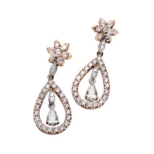 Bridal Chandelier Earrings, Elegant 2.84 Ctw Diamond Earrings, Pear Shape Dangle Earrings with White or Black Diamonds in 18 Karat Rose Gold