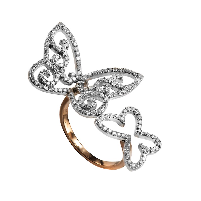 Double Finger Diamond Butterfly Ring 1.06 Carat Diamonds in 18k White