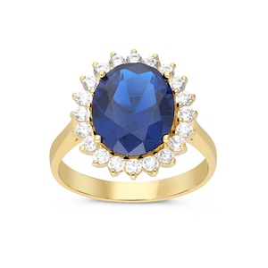Genuine Blue Sapphire Diamond Halo Ring, Estate Engagement Ring - Princess Diana Ring in Yellow Gold, Royal Wedding Bespoke Jewelry