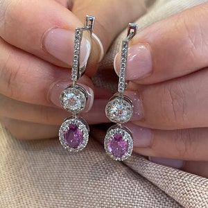 Pink Sapphire and Diamond Double Drop Earrings Vintage Style dangle earrings