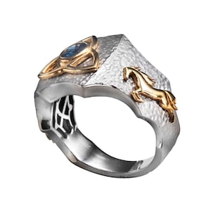 0.54 Carat Natural Sapphire Mens Signet Ring, Tripod of Life, Holy Trinity, horse ring, Sacred Geometry jewelry, CGL certificate