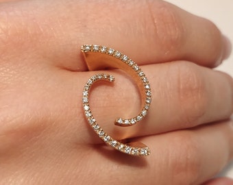 Minimalist Contemporary Ring, 14 Karat Rose Gold, Unique Shape Open Diamond Ring, Modern Ring for Women, Unusual Engagement Ring