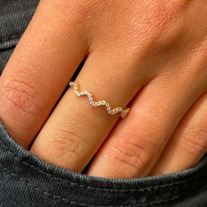 Zig zag Ring, summer jewelry, 14k Gold thin Stacking Ring , Minimalist Wedding Ring For Women , Wave Zircon Ring, CZ heart ring, Size 6