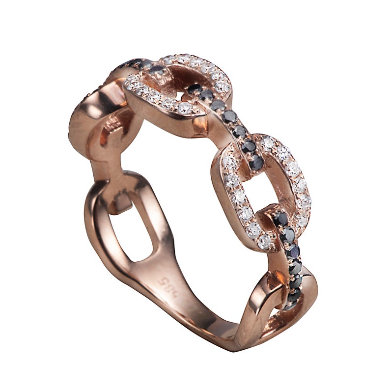 White and Black Diamonds 14 Karat Rose Gold Chain Ring Etsy
