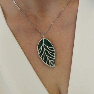Unique anniversary gift for her ,Diamonds Leaf pendant necklace , Green agate leaf pendant necklace, pave diamonds,  Hand Crafted Design,