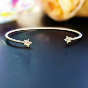 Flexible Star Bangle bracelet 0.11 ct. round brilliant cut diamonds pave set, 14K gold, magnificent Mothers day gift idea