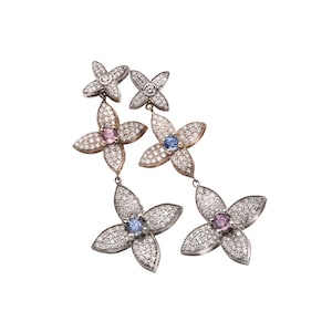 1.52 Ctw Sapphire gemstones Unique Bridal earrings, long line flower dangle earrings, 2.01 carat natural Diamonds, Birthstone earrings image 5